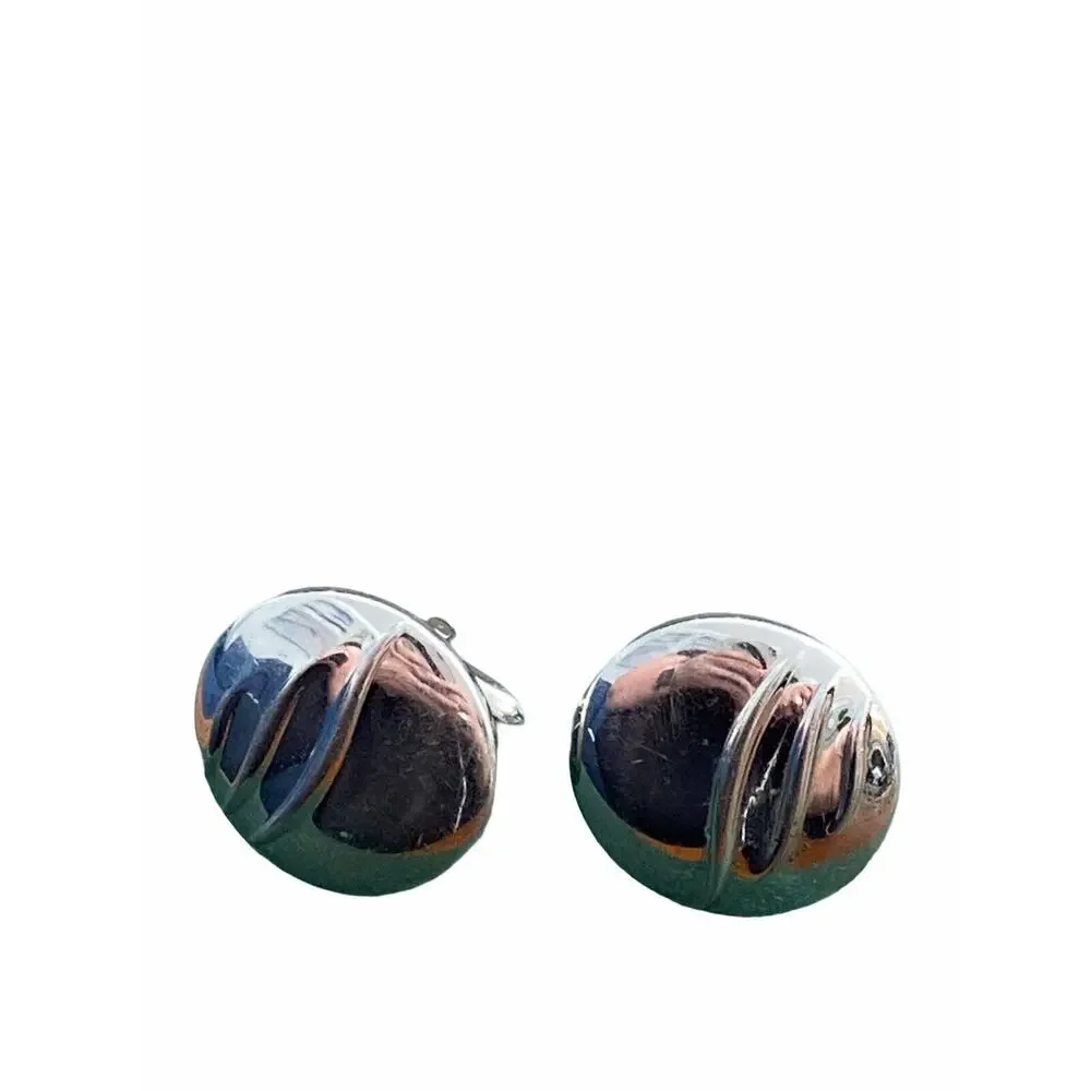 Vintage Swank Signed Silvertone Round Cufflinks Silver Stamped